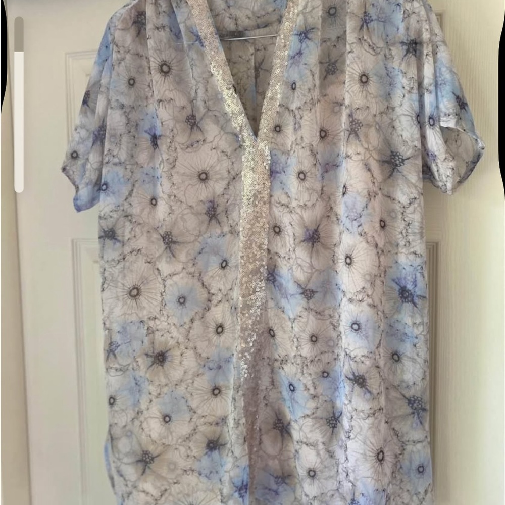 Anthropologie- Floral Sheer Blouse with Blue Accents